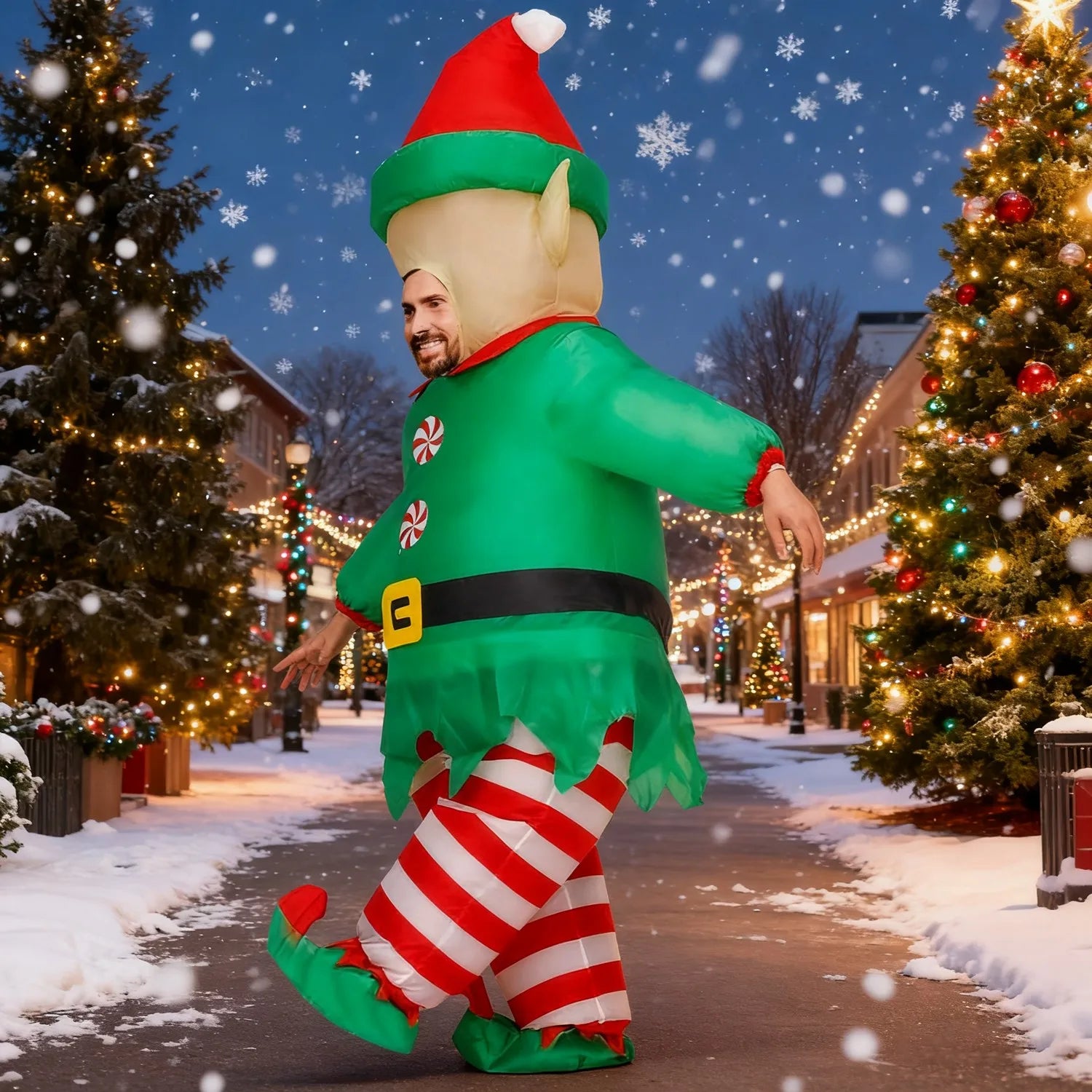 Costume gonflable elfe de Noël gonflé vue de côté