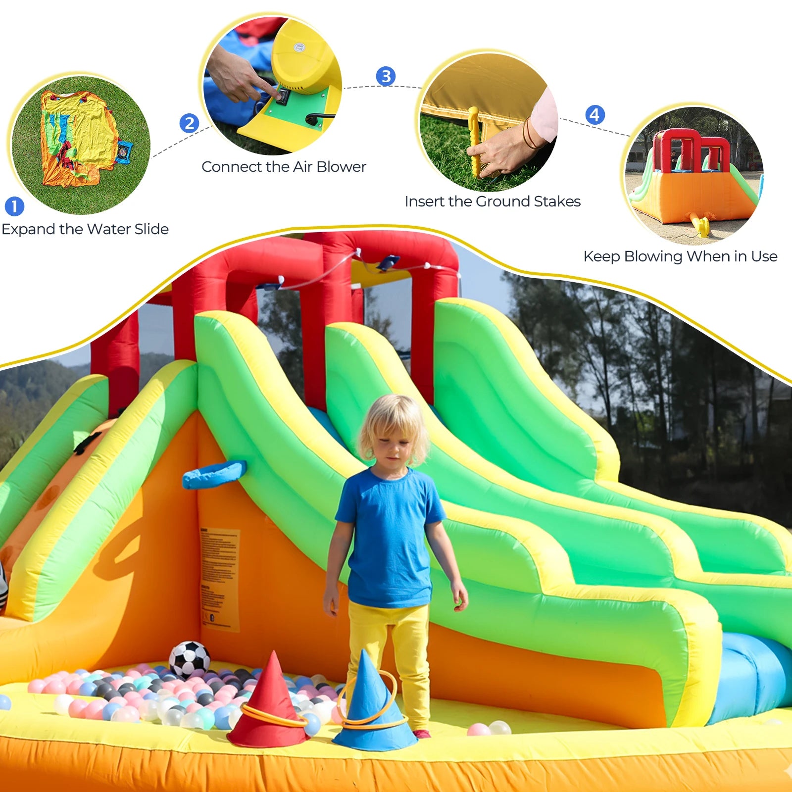 Toboggan aquatique gonflable orange installé dans un jardin