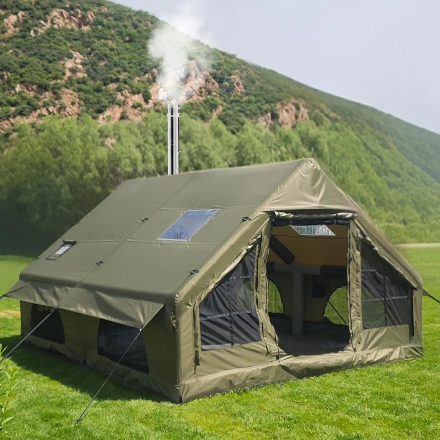 Tente gonflable camping luxe vue de l'extérieur