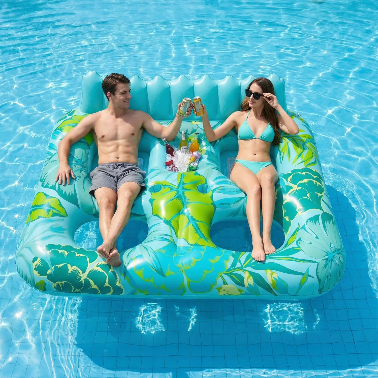 Canapé gonflable transat double cyan en piscine avec glacière intégrée