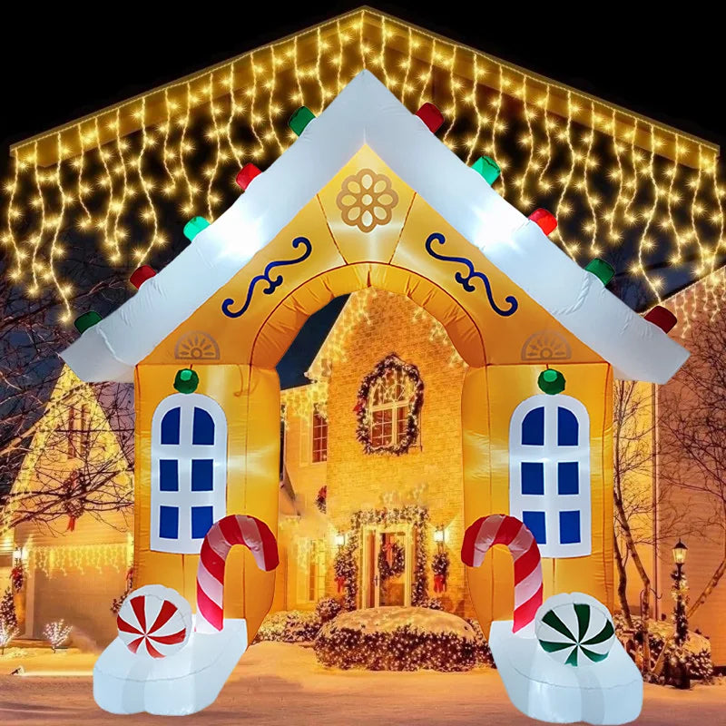 Décoration Noël gonflable devant une vitrine de magasin