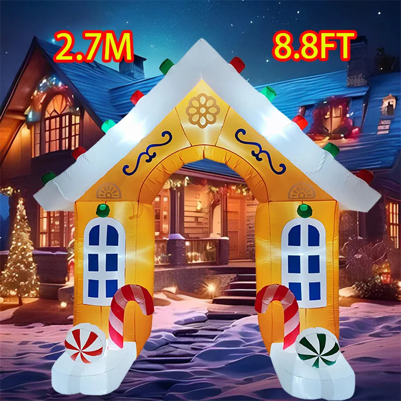 Décoration Noël gonflable arche LED installée devant une maison