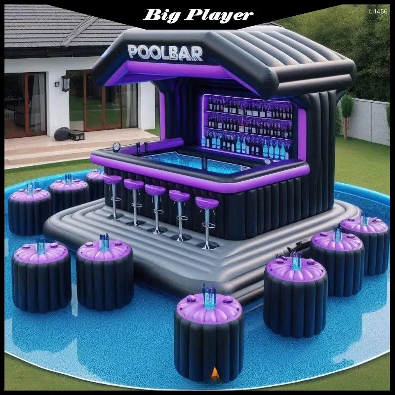 Bar gonflable piscine vu de face avec ses accoudoirs flottants