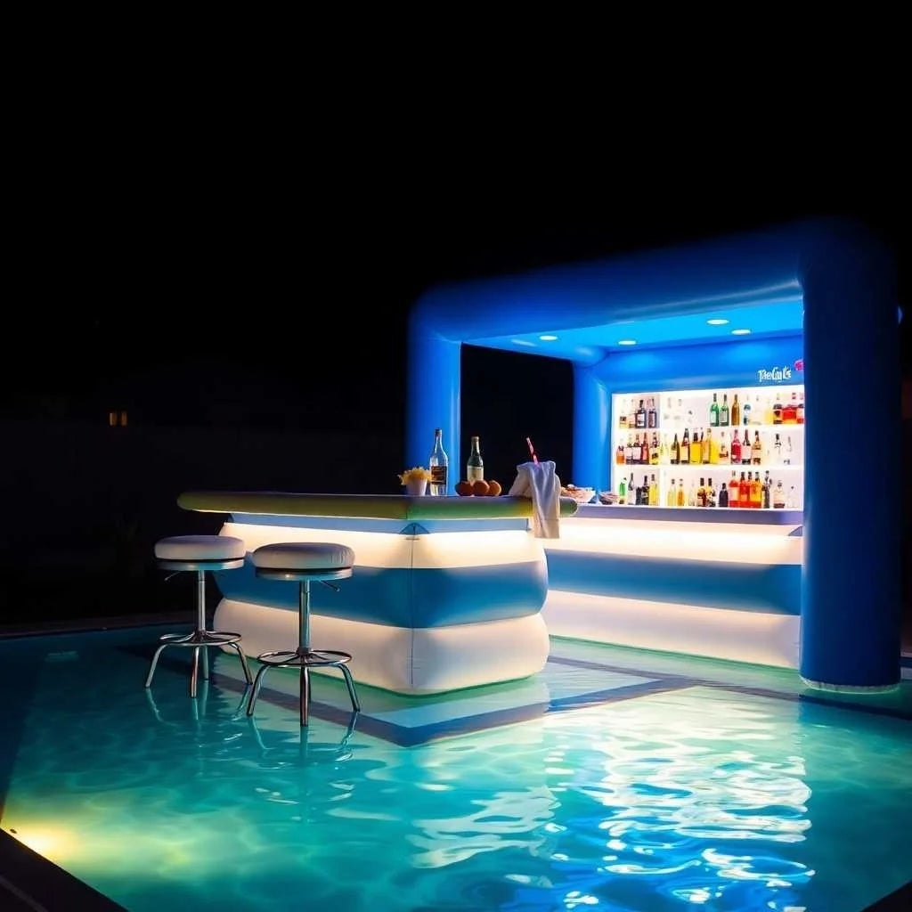 Bar gonflable piscine commercial installé dans un parc aquatique
