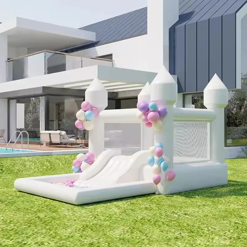 Château gonflable blanc 4m toboggan piscine à balles