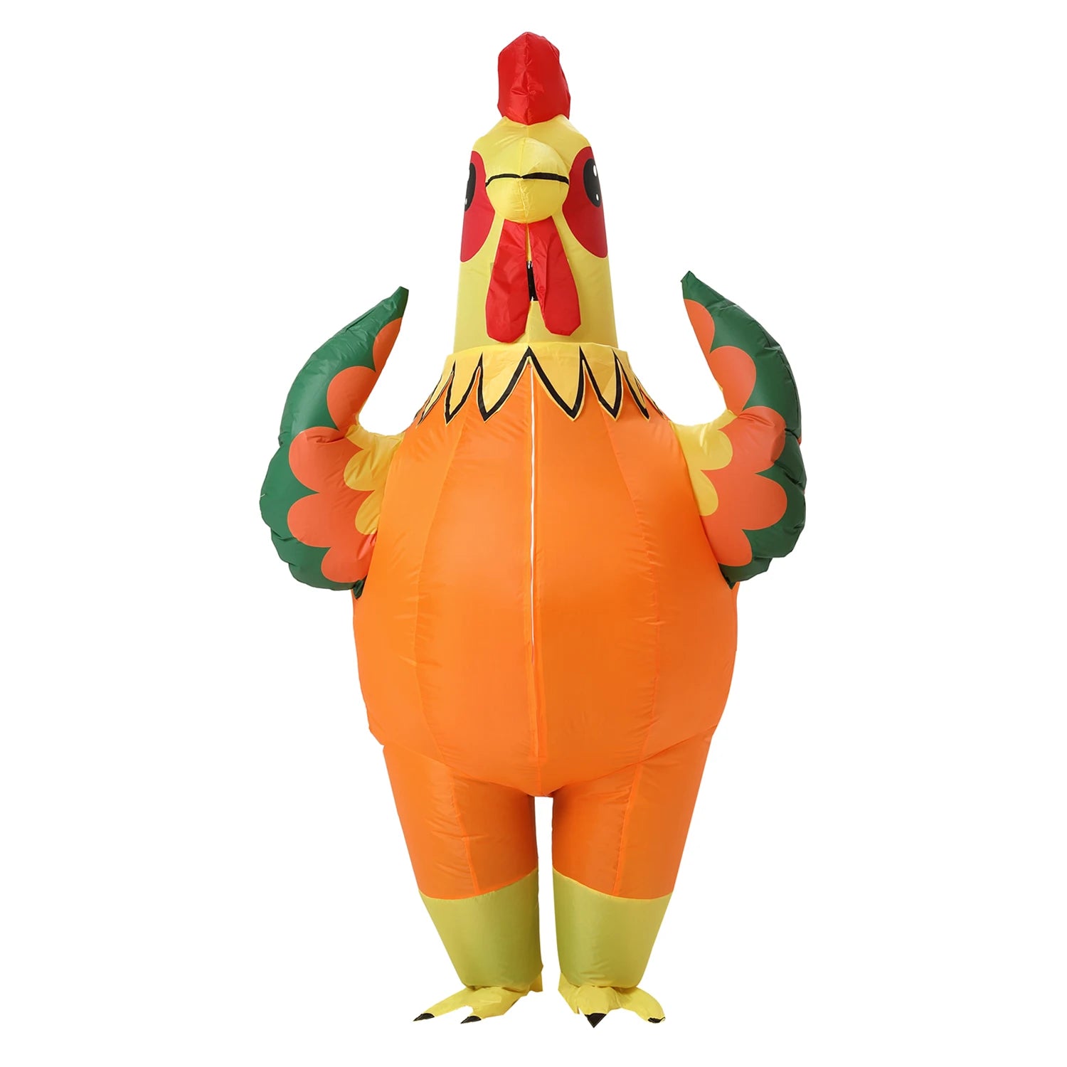 Adulte portant un costume gonflable coq carnaval