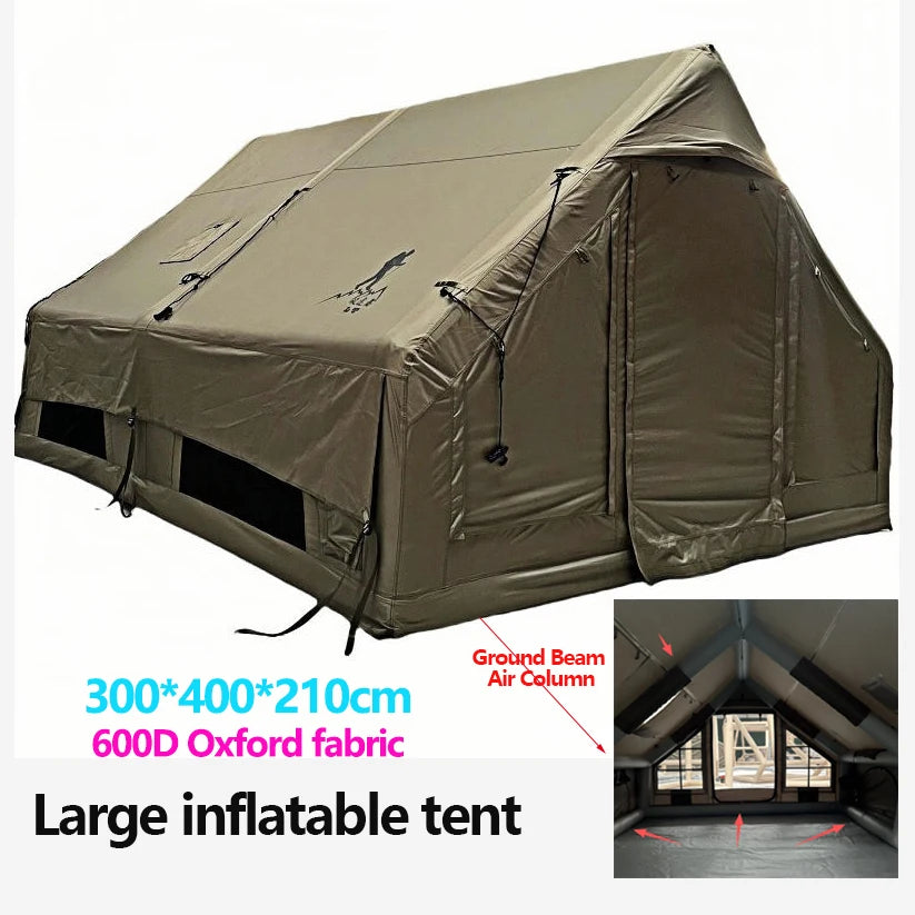 Tente gonflable 12 m² vert armée vue d'ensemble
