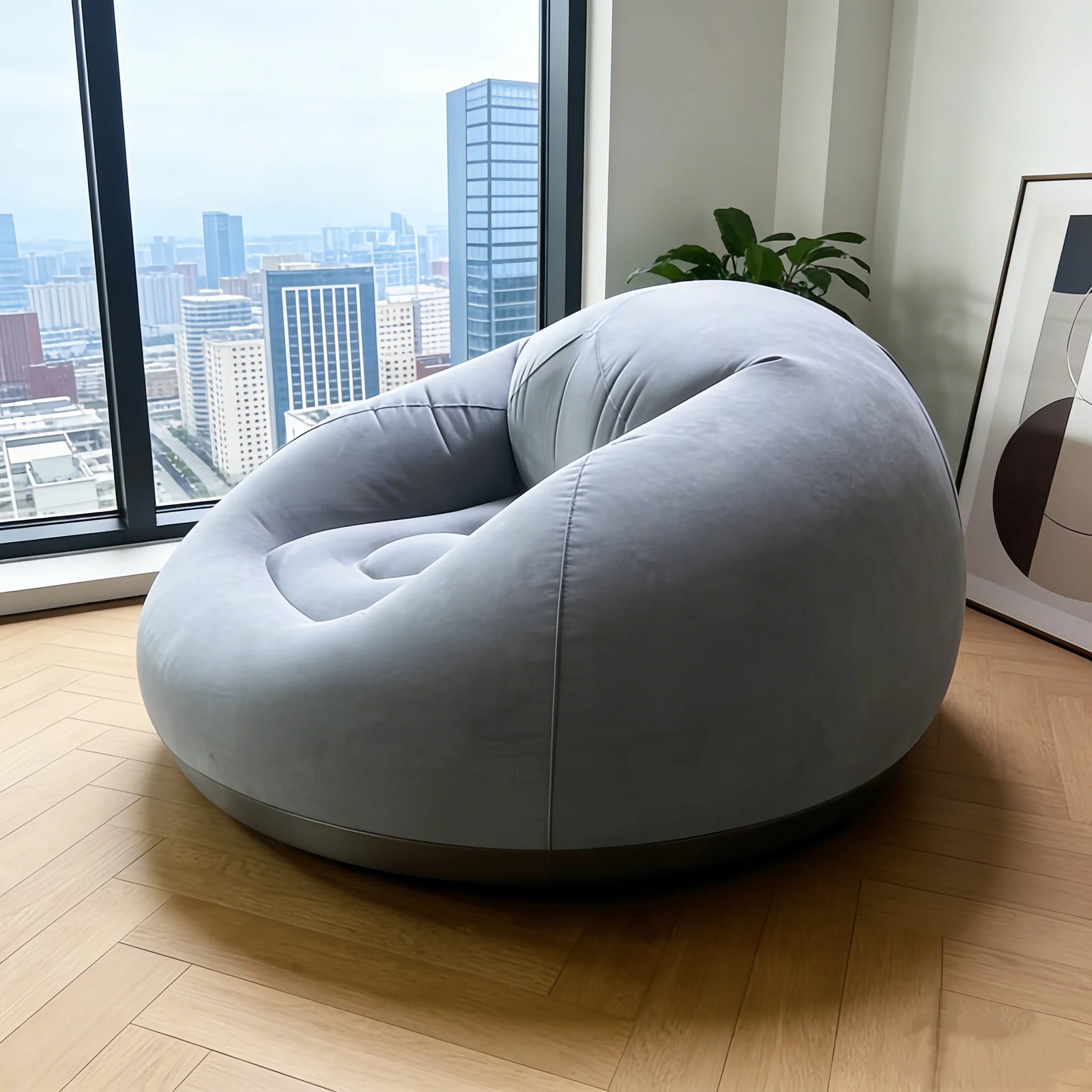 Canape gonflable rond gris en interieur