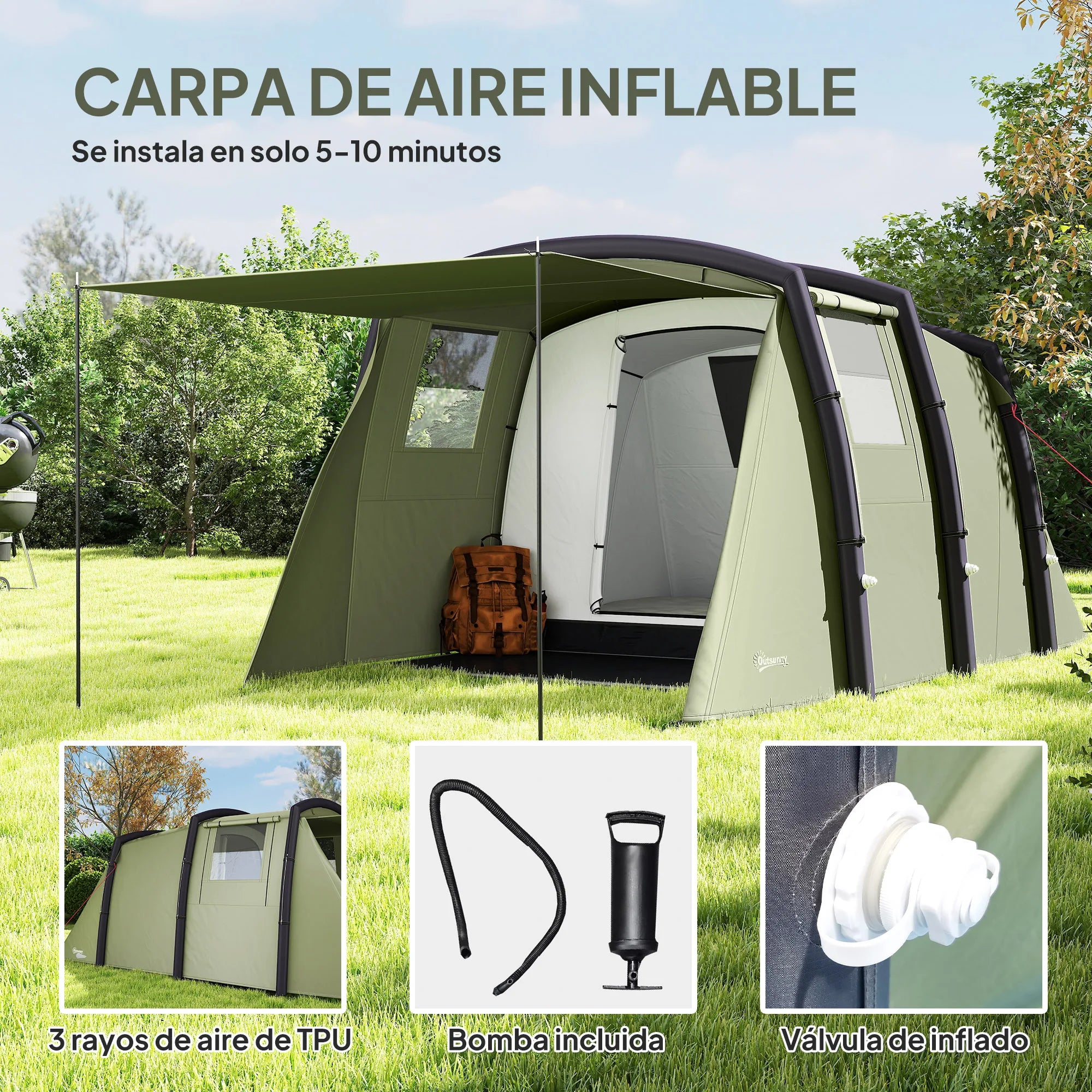 Tente tunnel gonflable installée en camping