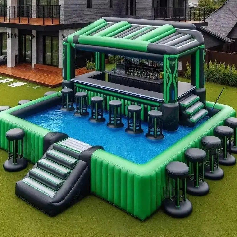 Bar gonflable installé près d'une piscine pour une soirée