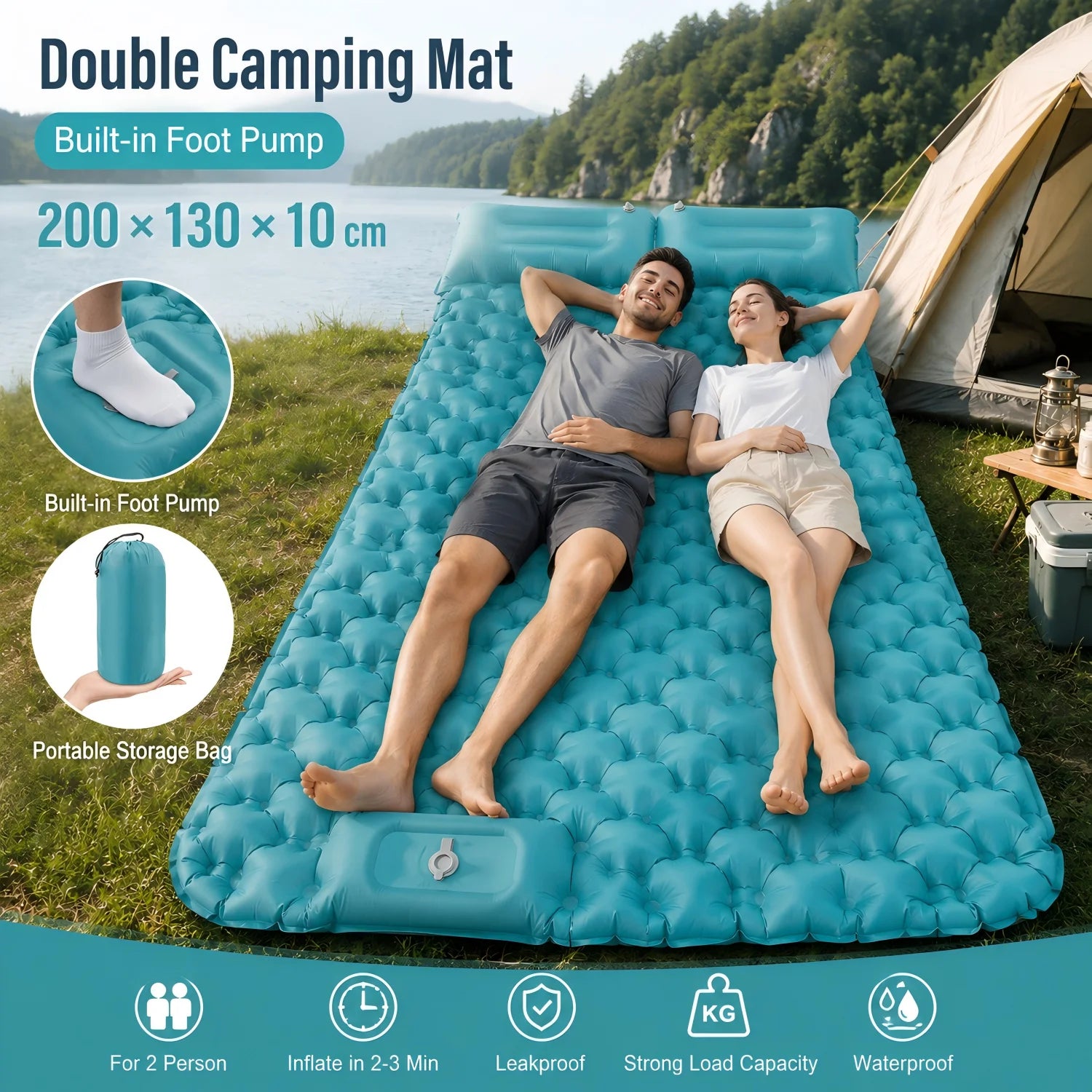 Matelas de camping gonflable double installé sous tente