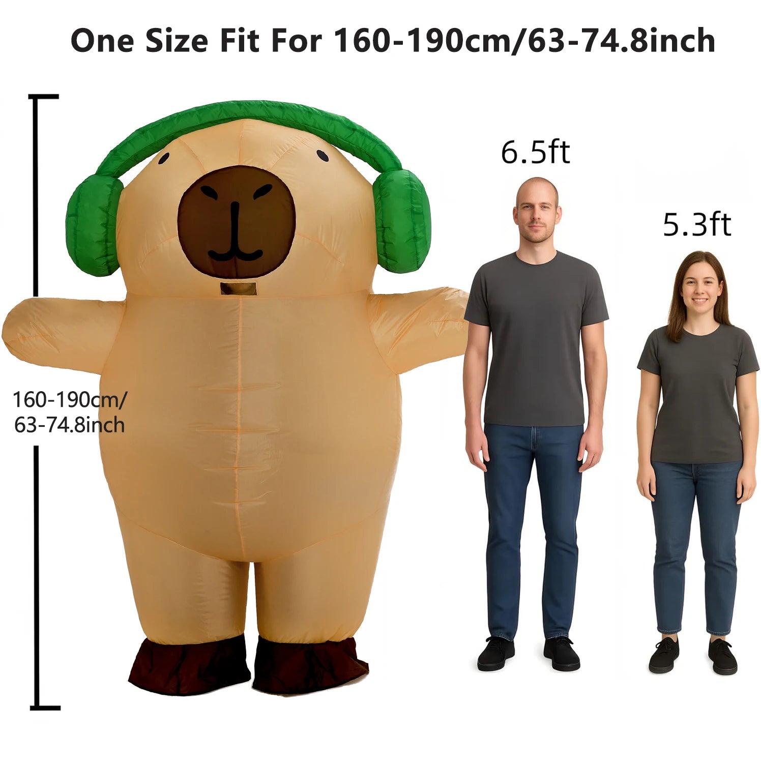 Costume gonflable capybara vue latérale casque vert