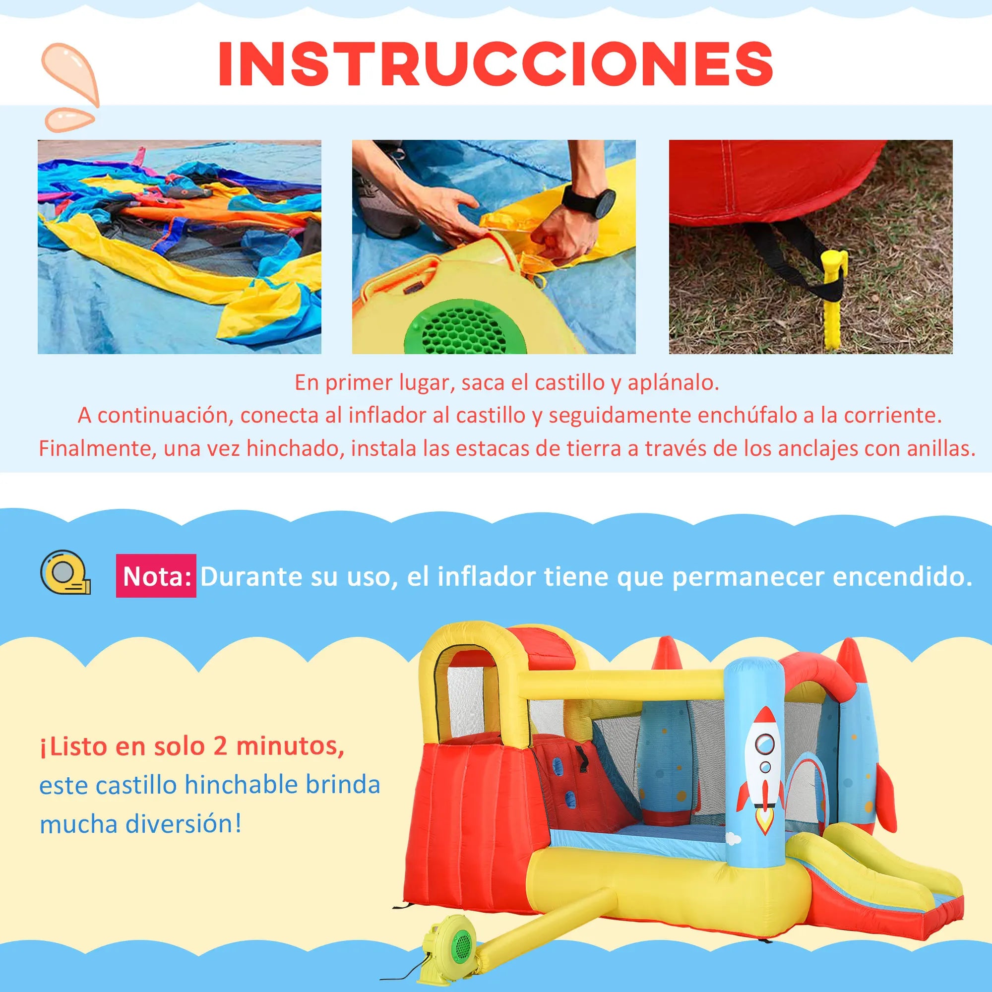 Décor fusées colorées sur le château gonflable enfant
