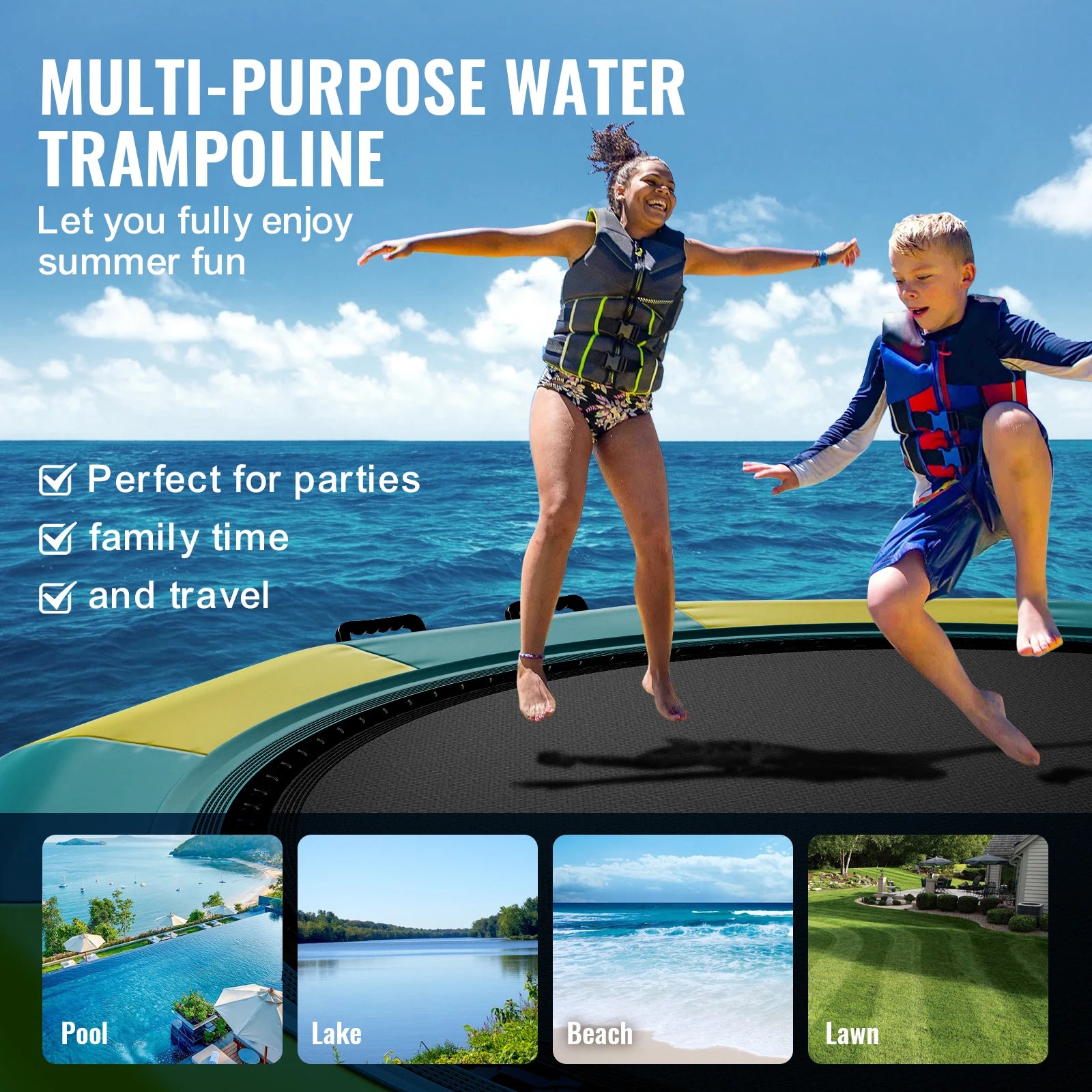 Trampoline gonflable aquatique bleu et blanc sur piscine