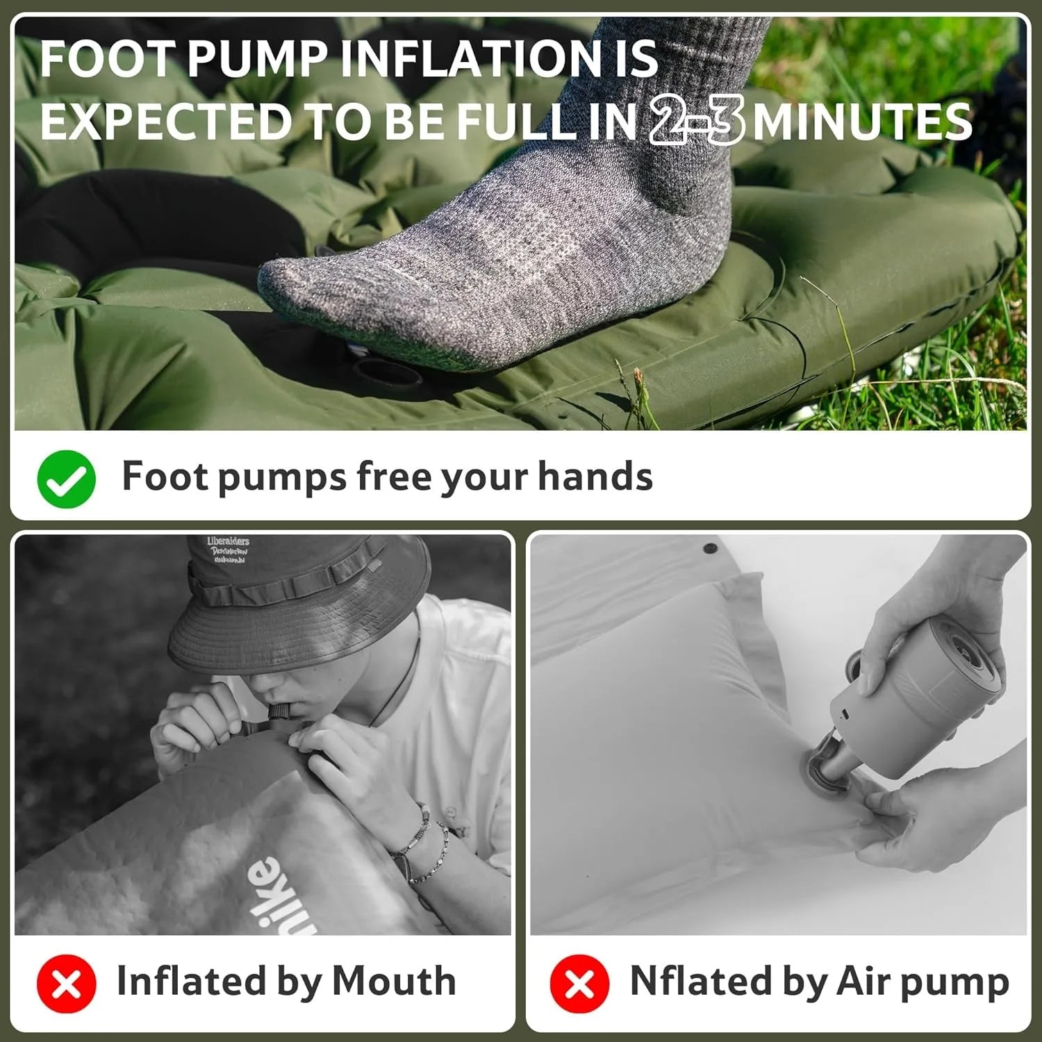 Matelas de camping gonflable ultra-léger avec pompe à pied intégrée