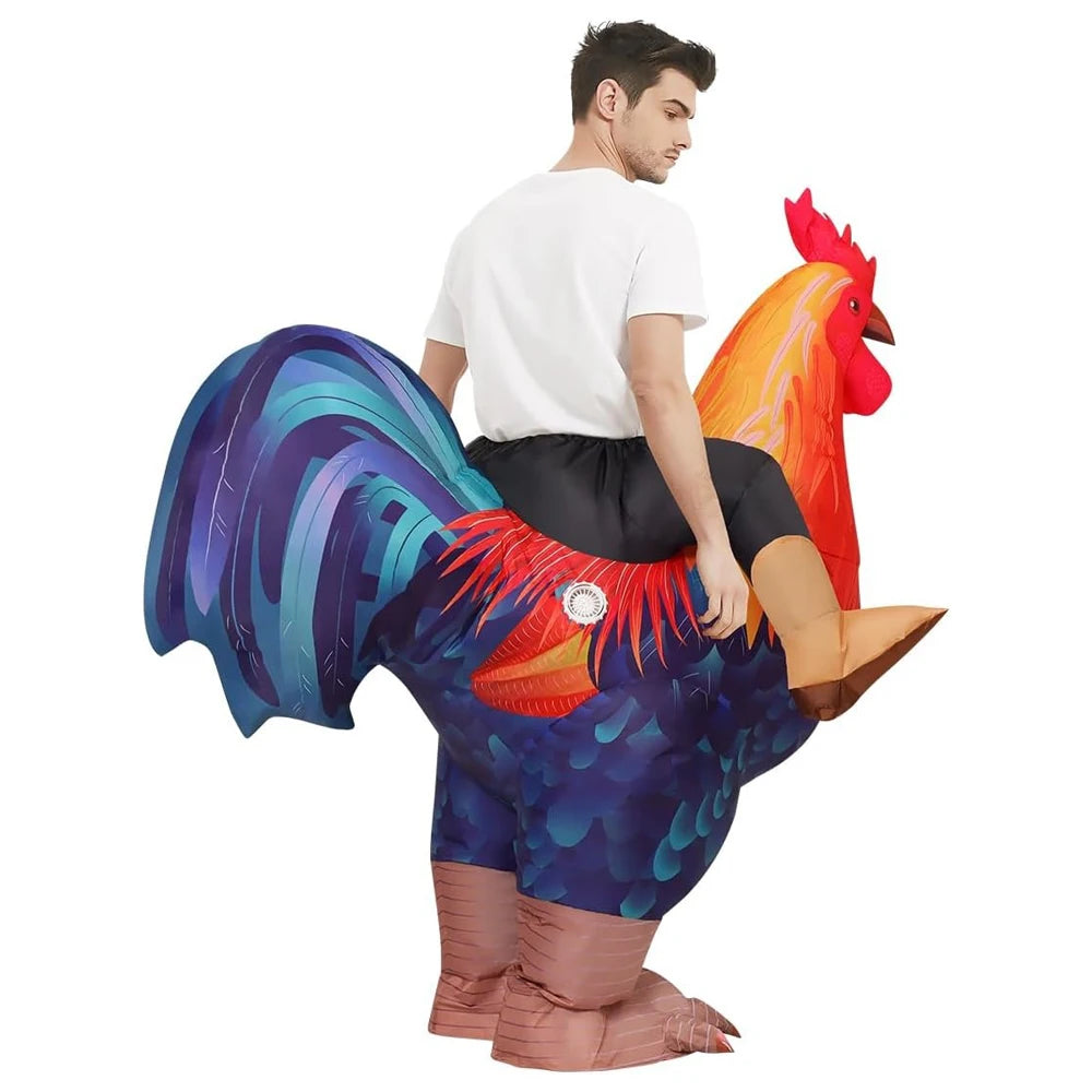 Costume coq gonflable porté en fête