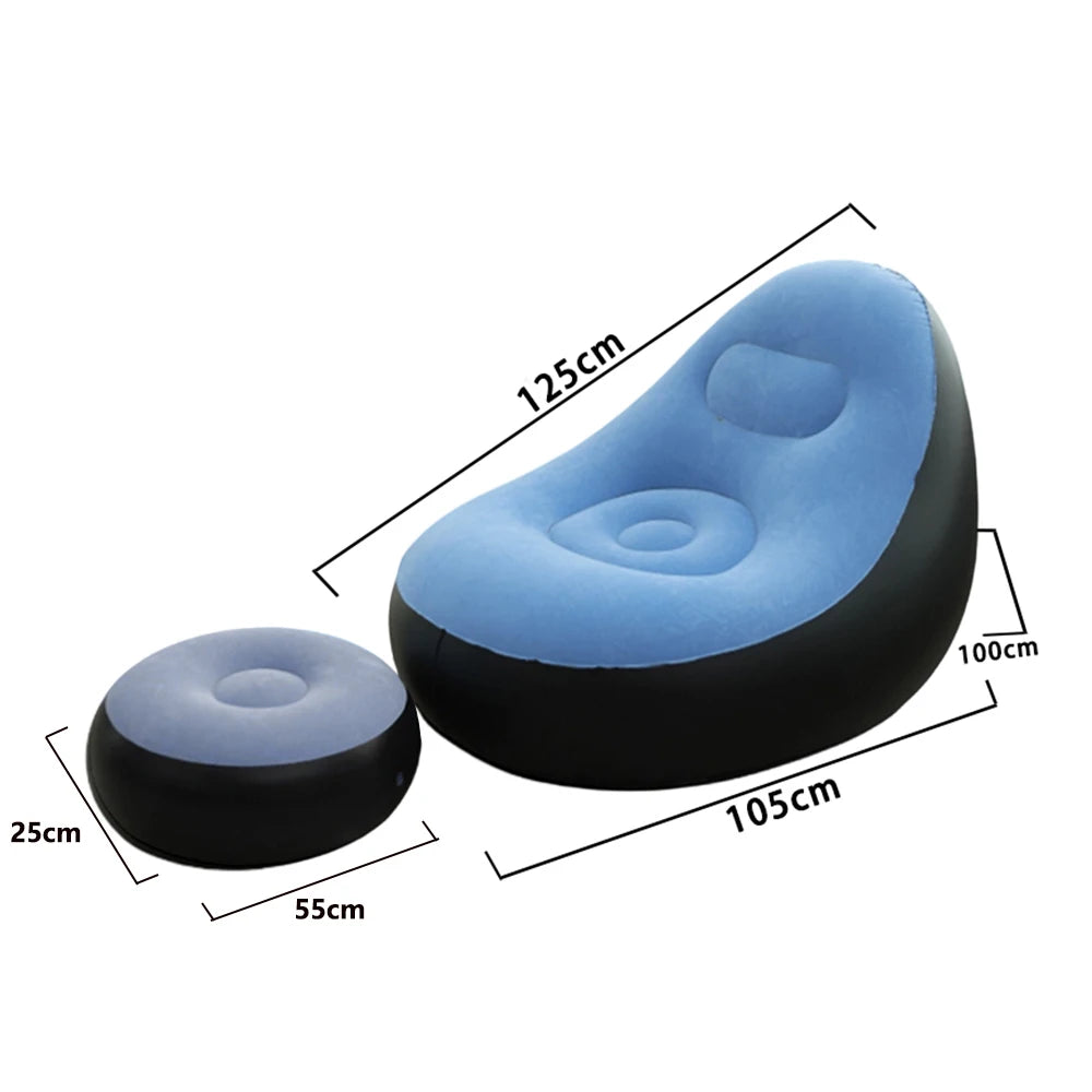 Canape gonflable bleu installe au jardin