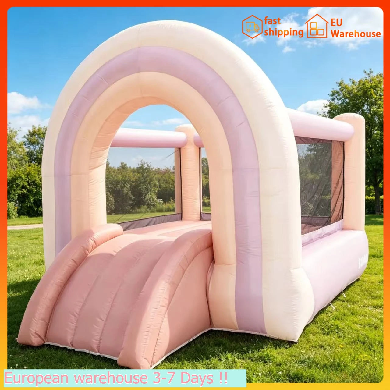 Château gonflable pastel arc-en-ciel installé en extérieur