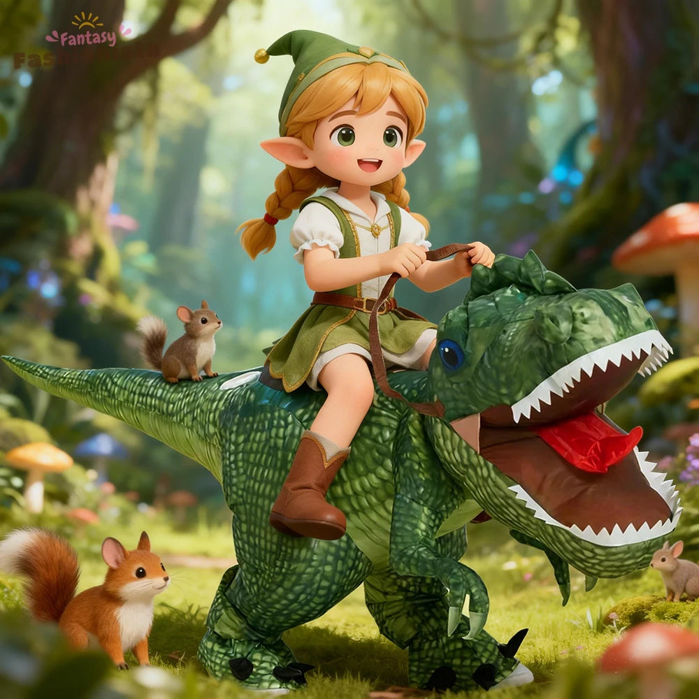 Costume gonflable T-Rex enfant cavalier vue de face