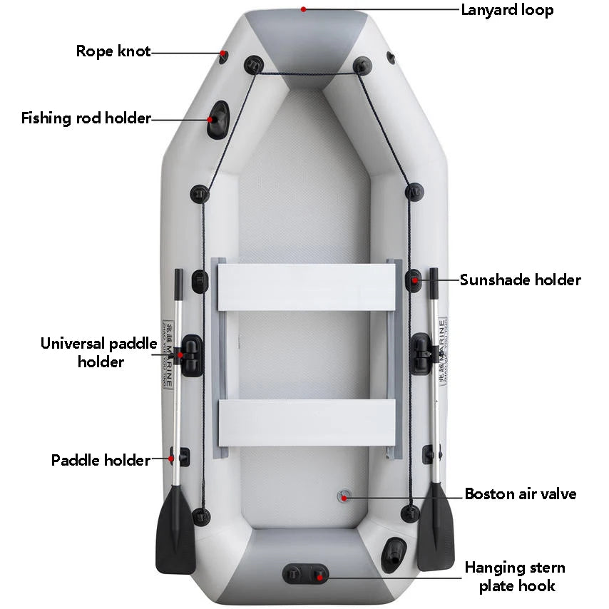 Bateau gonflable gris avec pare-soleil installé