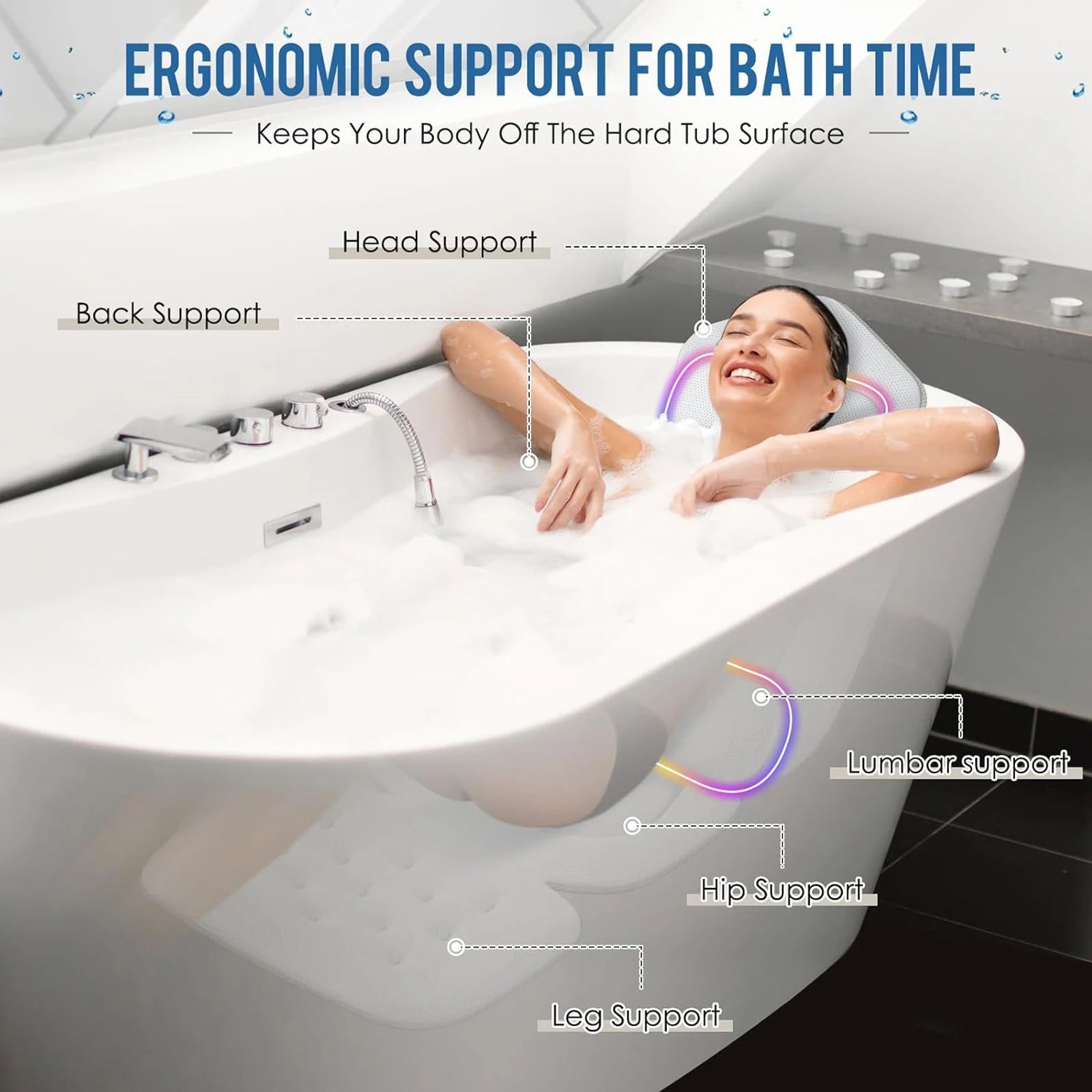 Coussin de bain fixé par ventouses sur une baignoire