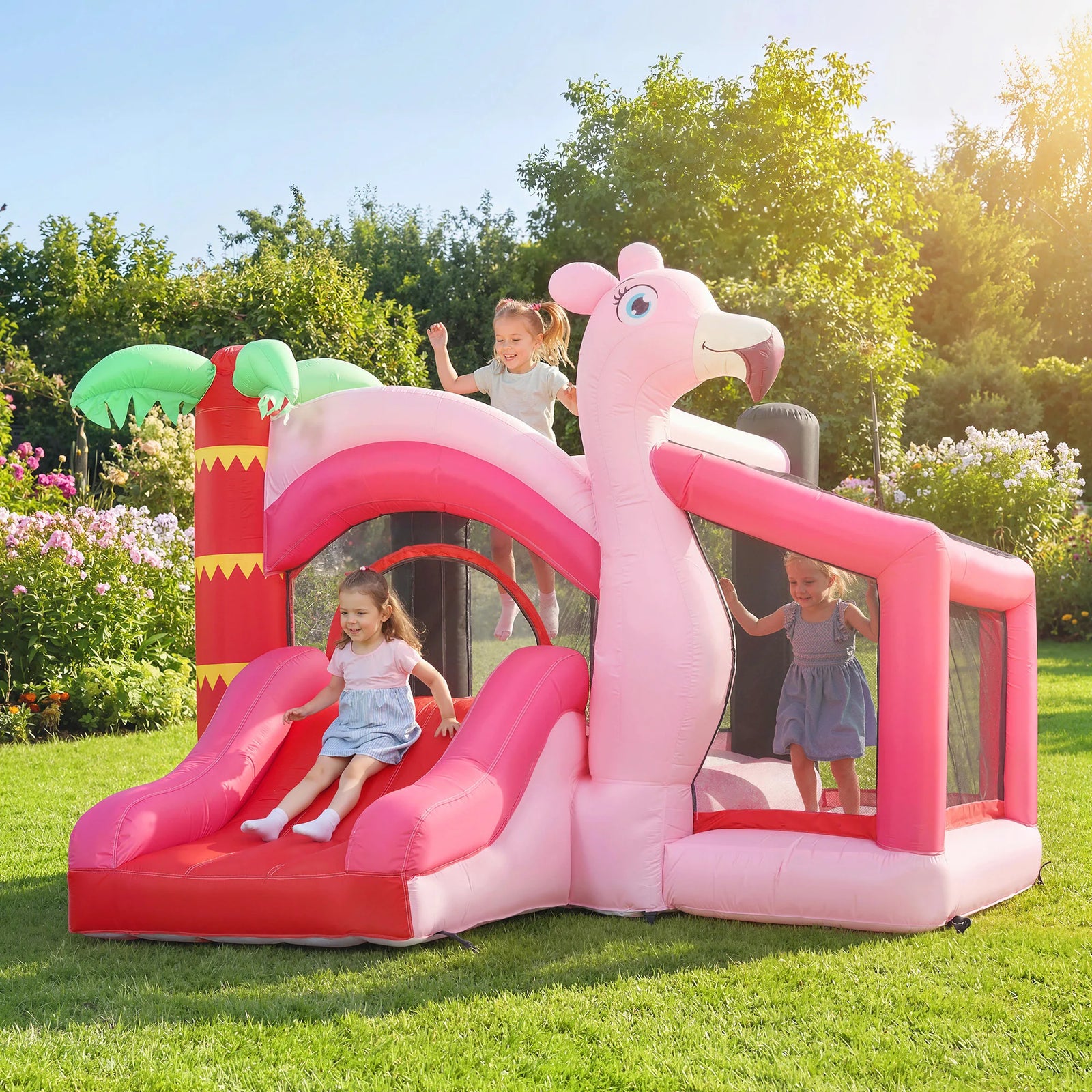 Château gonflable flamant rose 255 × 230 cm déployé