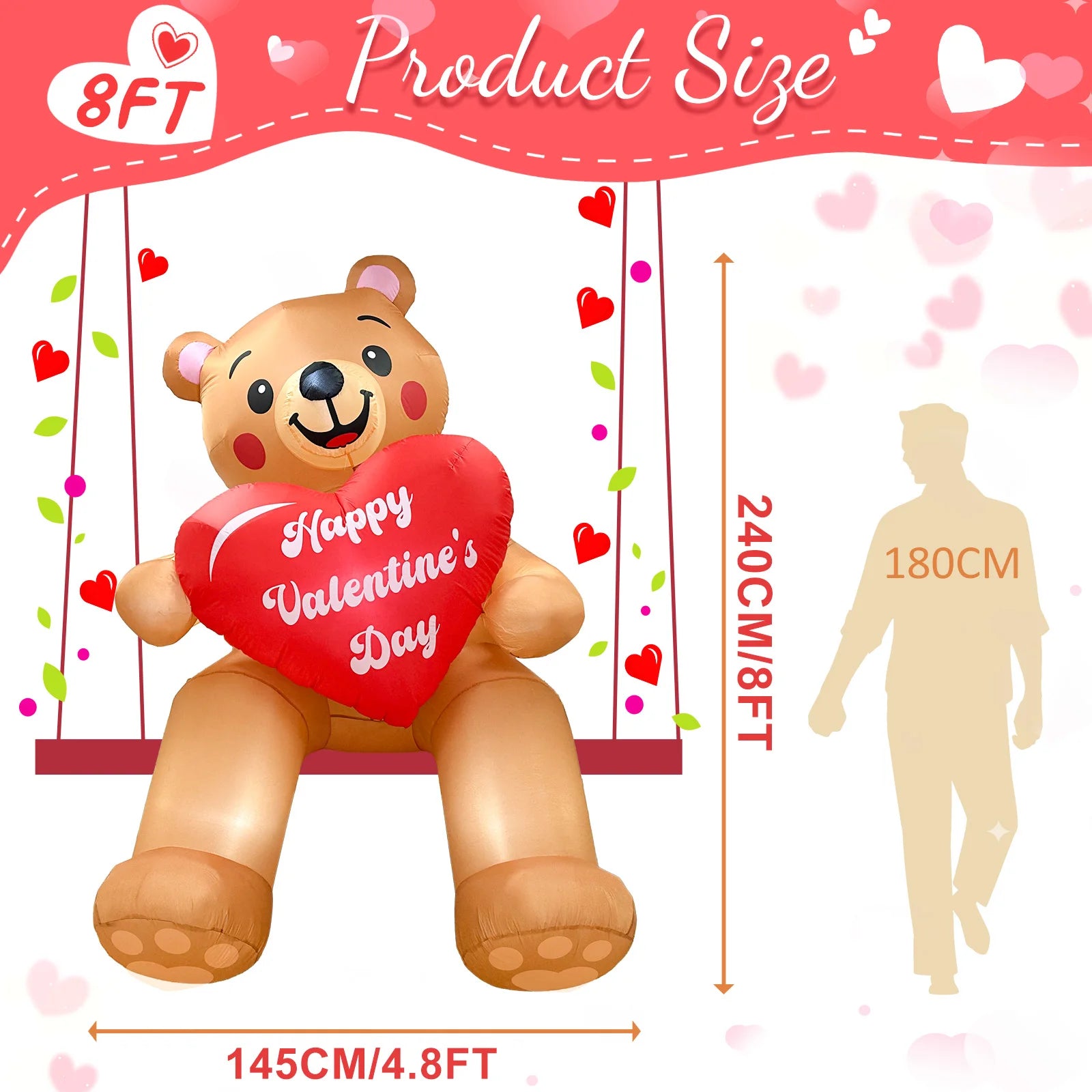 Vue détail ours gonflable polyester qualité supérieure Saint-Valentin