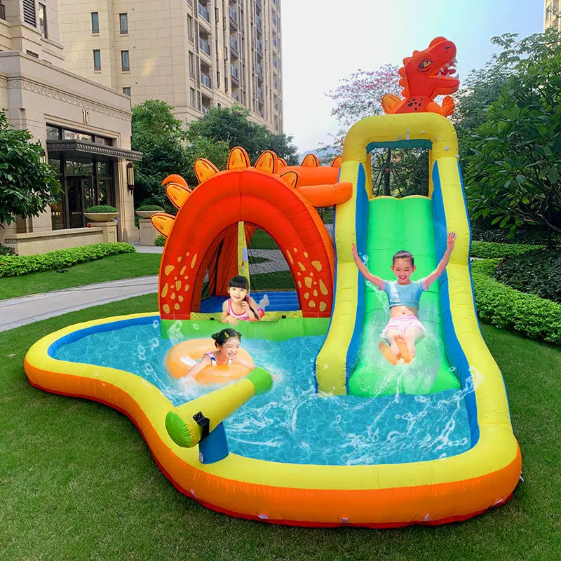 Château gonflable dinosaure aquatique toboggan enfants extérieur