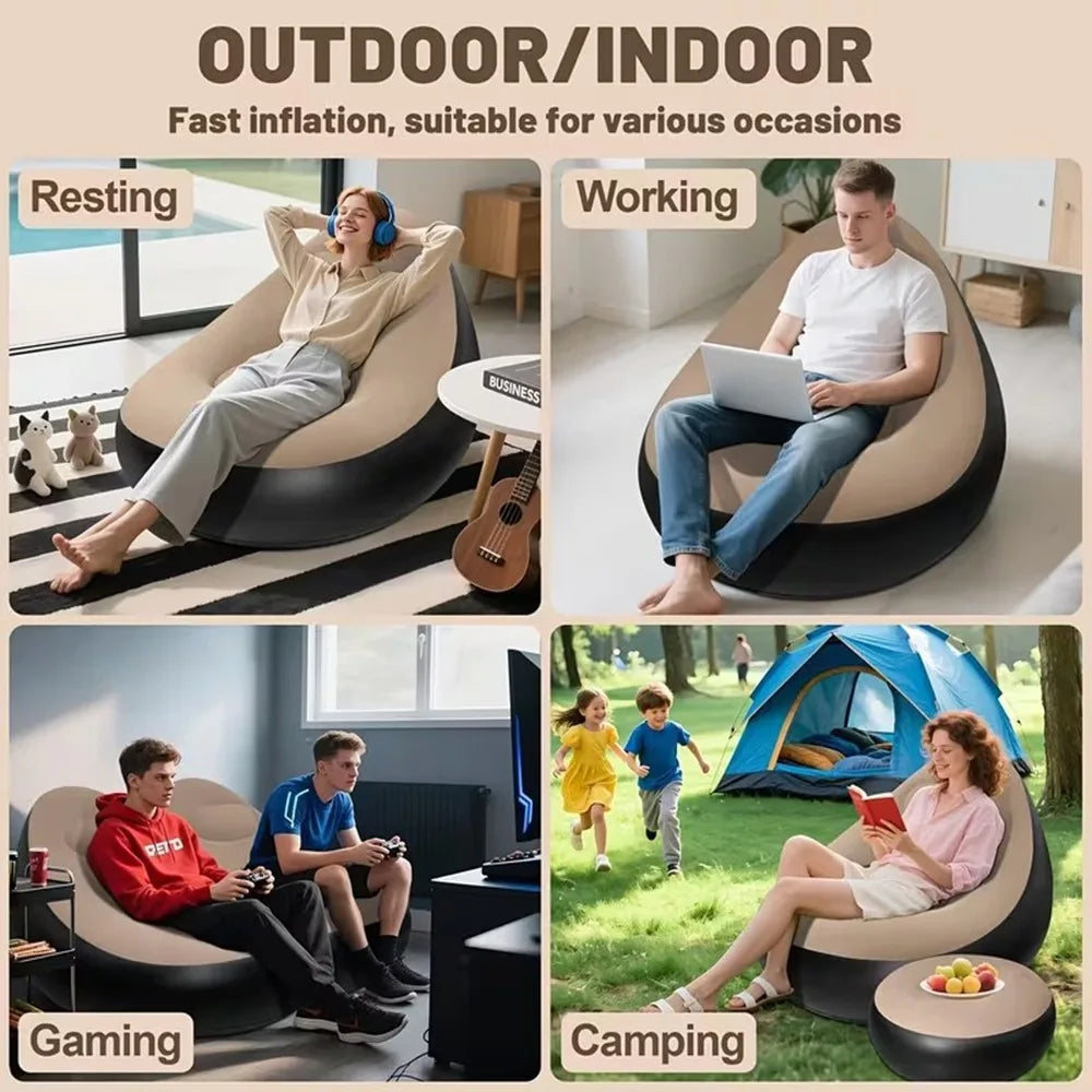 Canapé gonflable plié et rangé, format compact pour le transport